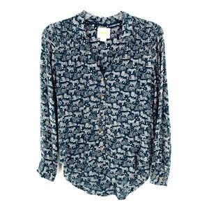 Maeve Womens Zebra Print Button Front Shirt‎ Teal White Long Sleeve Sz 0 Smocked